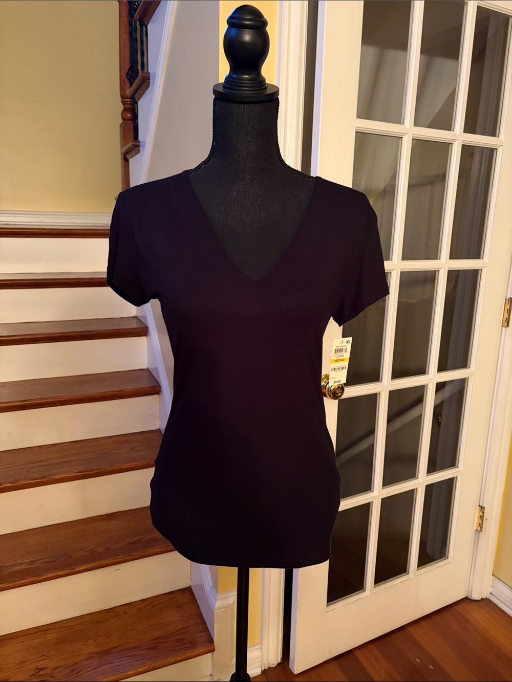 INC International Concepts Black V-Neck Short Sleeve Top